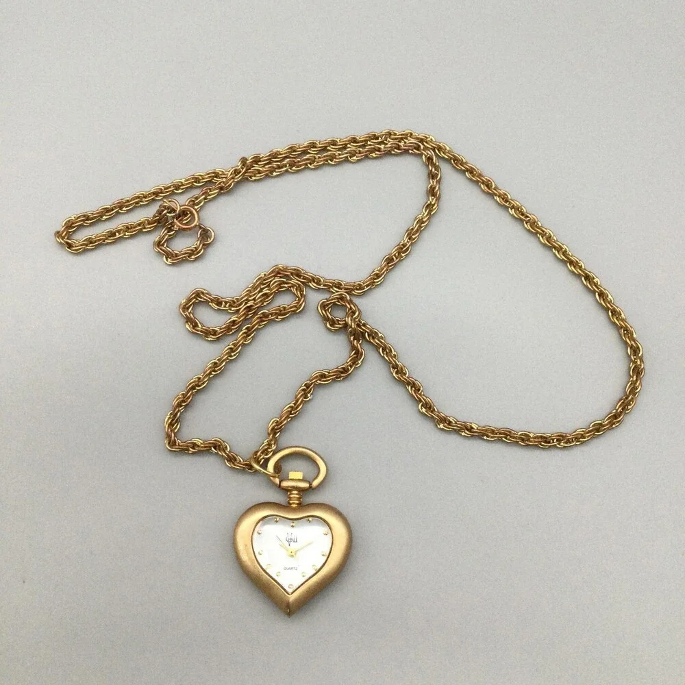 VGII Heart Pendant Watch Necklace Womens 29mm Gold Tone White Dial New Battery